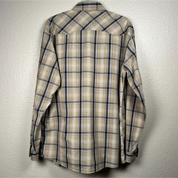 Orvis Trout Bum Sz Mens L Long-Sleeve Snap Western Fishing Shirt Tan Blk Striped - Picture 3 of 14